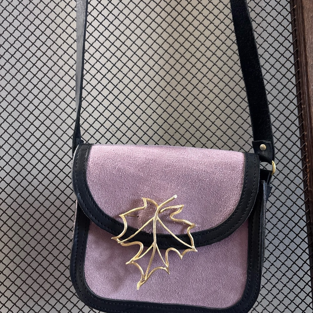 Lilac Suede Crossbody Bag with Gold Leaf Accent and Black Trim